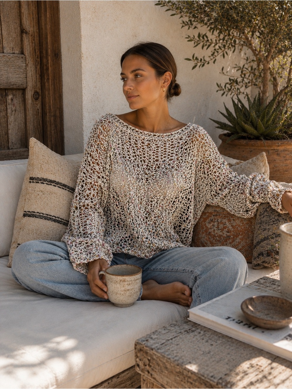 POL Open Knit Confetti Sweater Boho Crochet Oversized Pullover Large